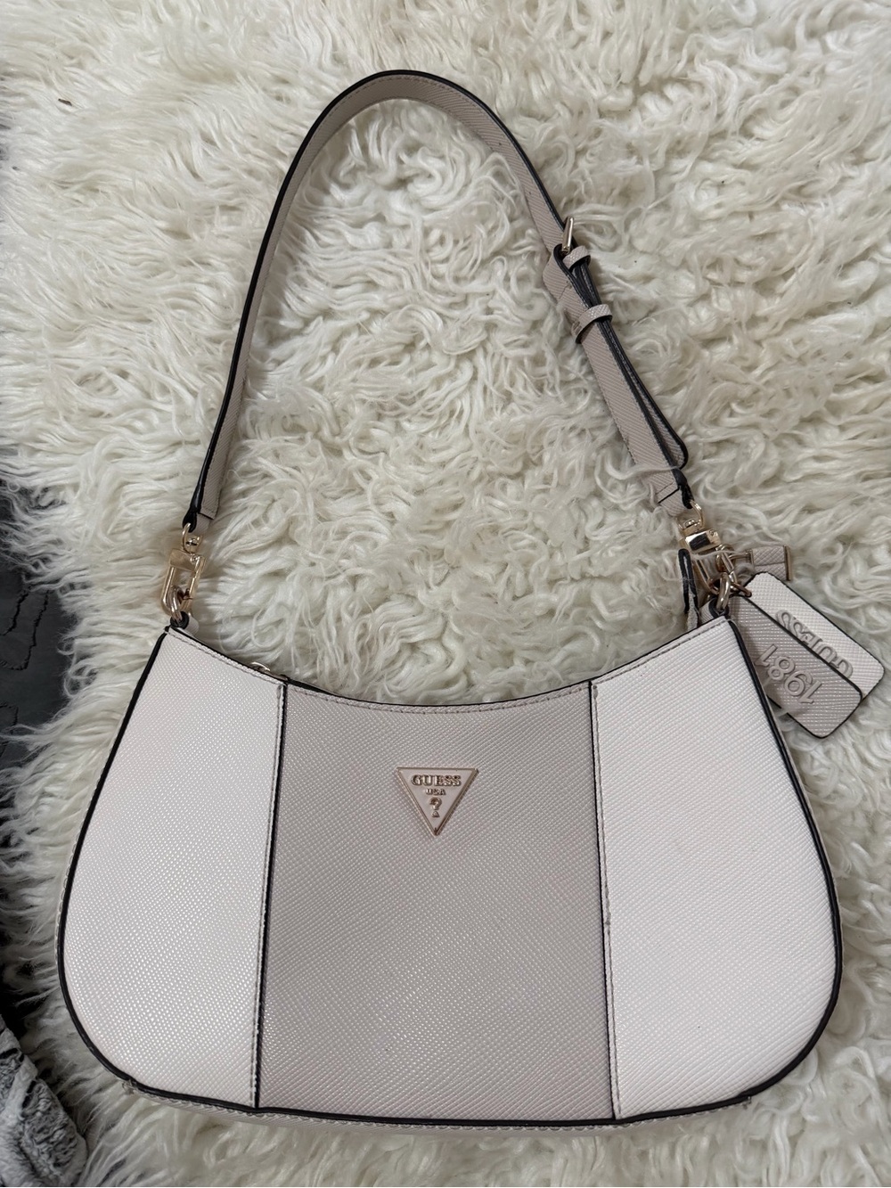 GUESS Cream & White Panel Shoulder Bag with Gold Logo